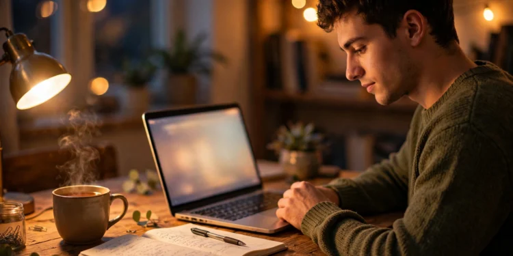Student studying at a warmly lit desk with a laptop, notebook and a cup of tea