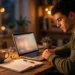 Student studying at a warmly lit desk with a laptop, notebook and a cup of tea
