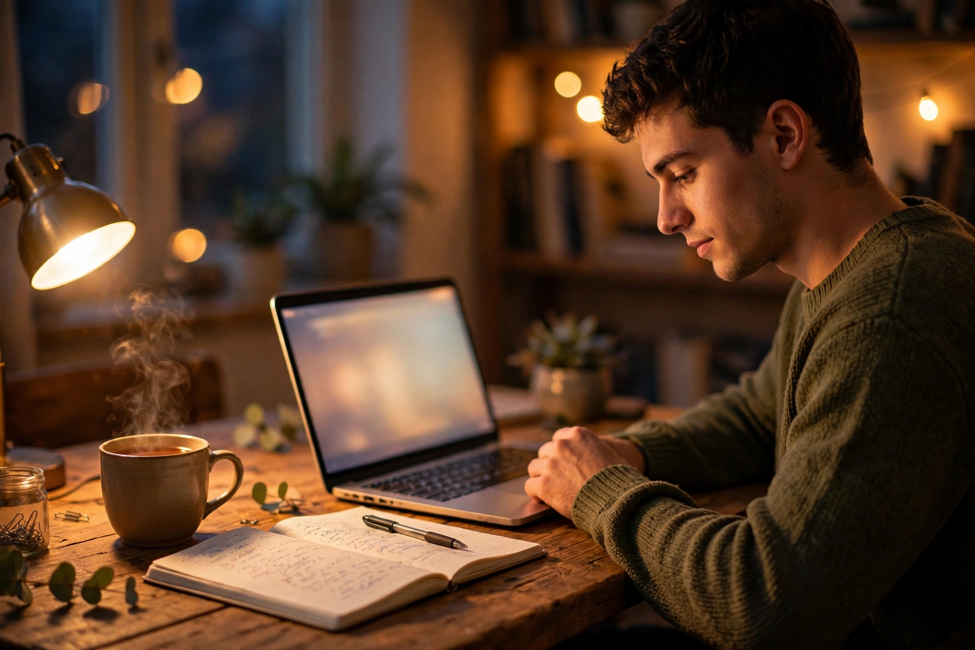 Student studying at a warmly lit desk with a laptop, notebook and a cup of tea