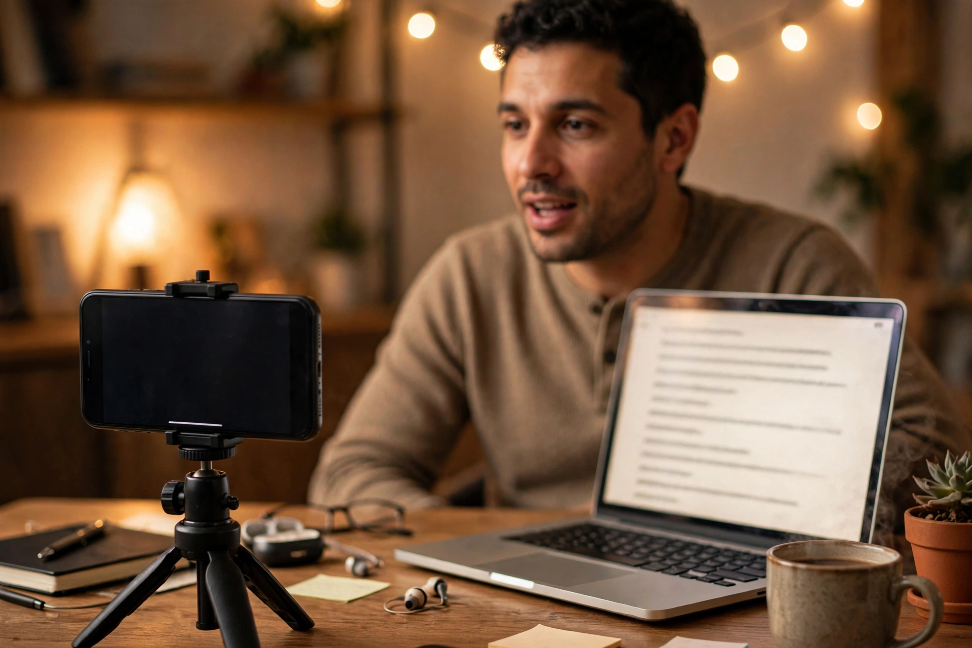 Smartphone on a tripod recording a person talking, with a laptop showing captions nearby