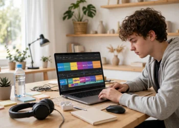 Beginner editing a short video on a laptop with a simple timeline on screen, bright desk