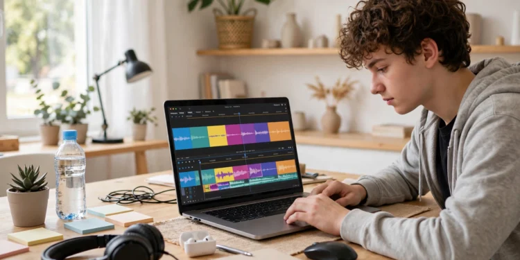 Beginner editing a short video on a laptop with a simple timeline on screen, bright desk