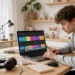 Beginner editing a short video on a laptop with a simple timeline on screen, bright desk