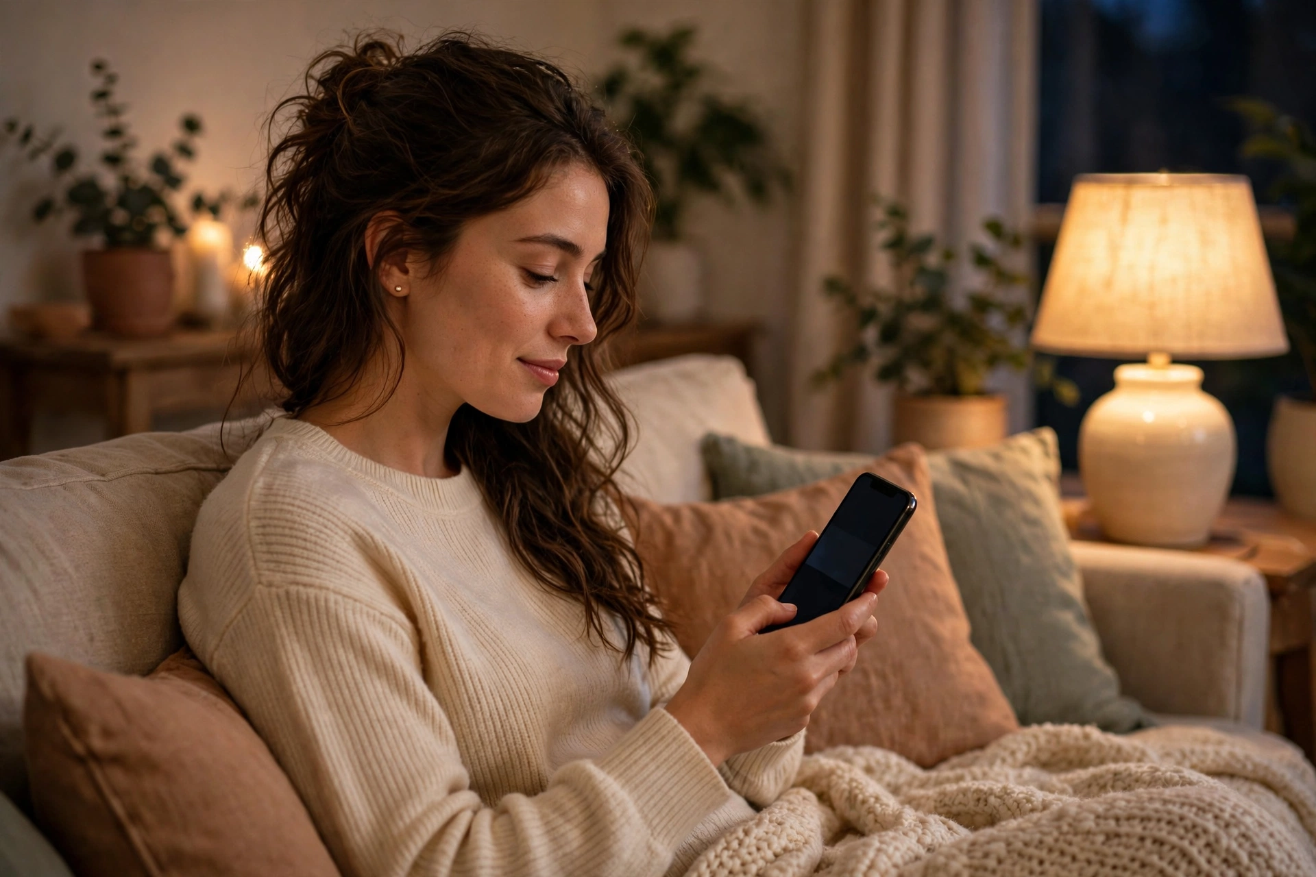 Person reviewing a finished short video on a smartphone while relaxing on a sofa