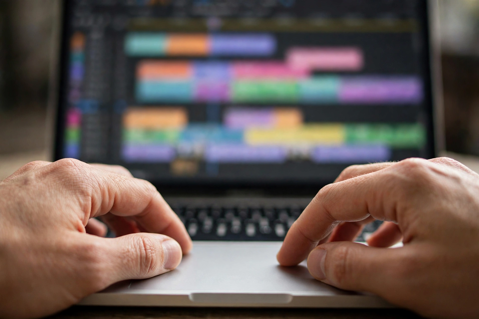 Close-up of hands on a trackpad trimming video clips on a laptop timeline