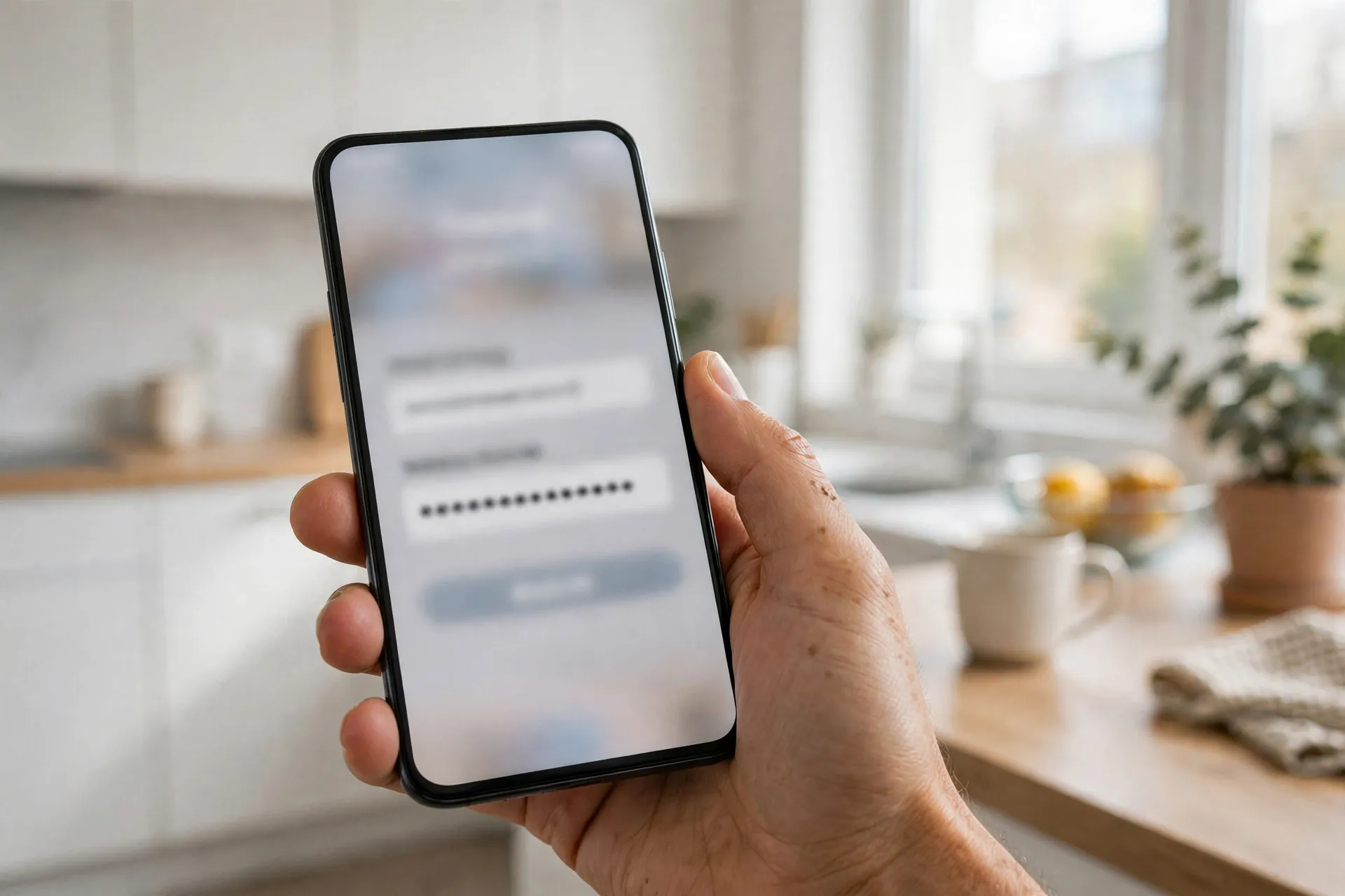 A person holding a smartphone with a blurred generic login form in a bright kitchen