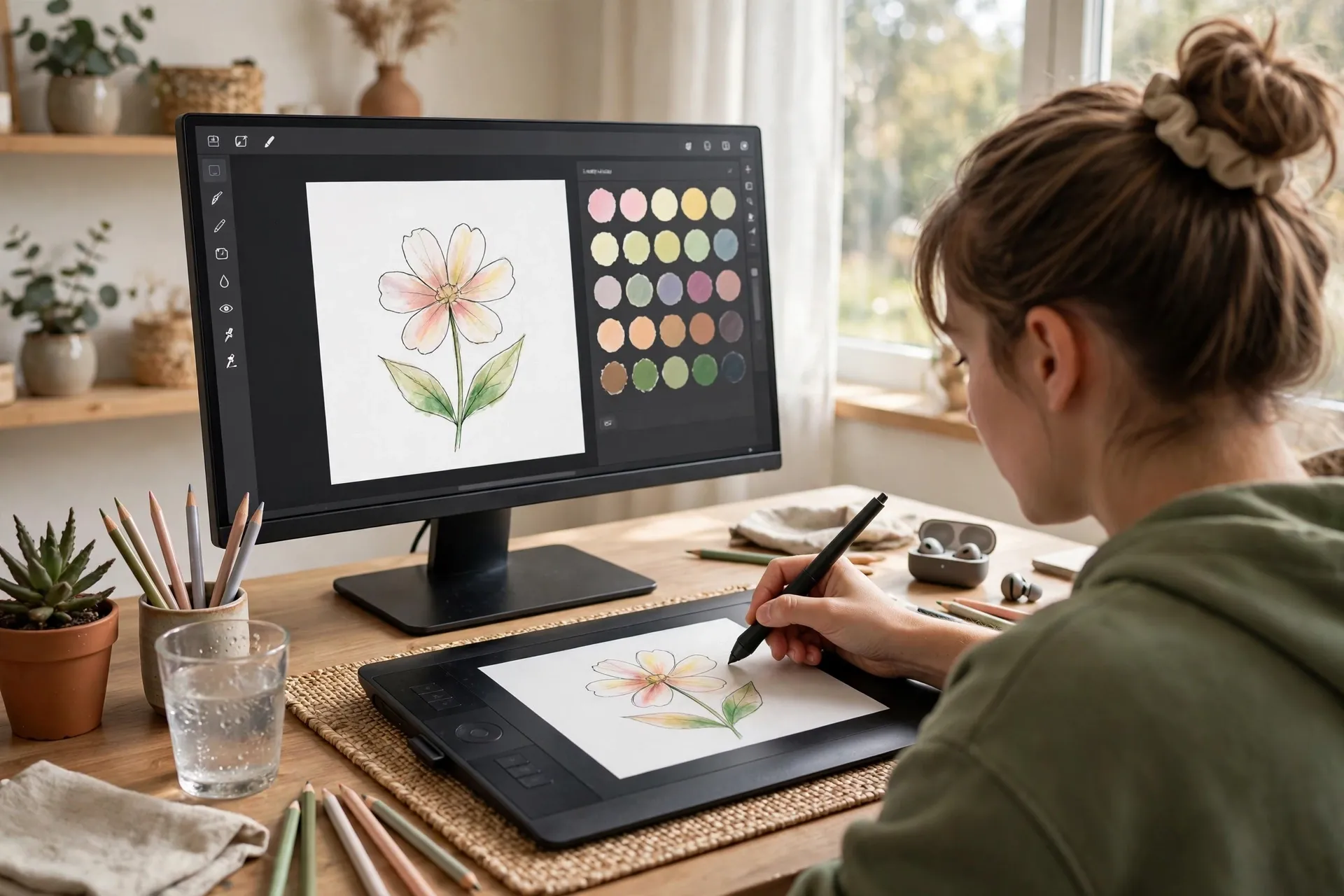 Over-the-shoulder view of a beginner coloring a flower sketch on a computer with a graphics tablet