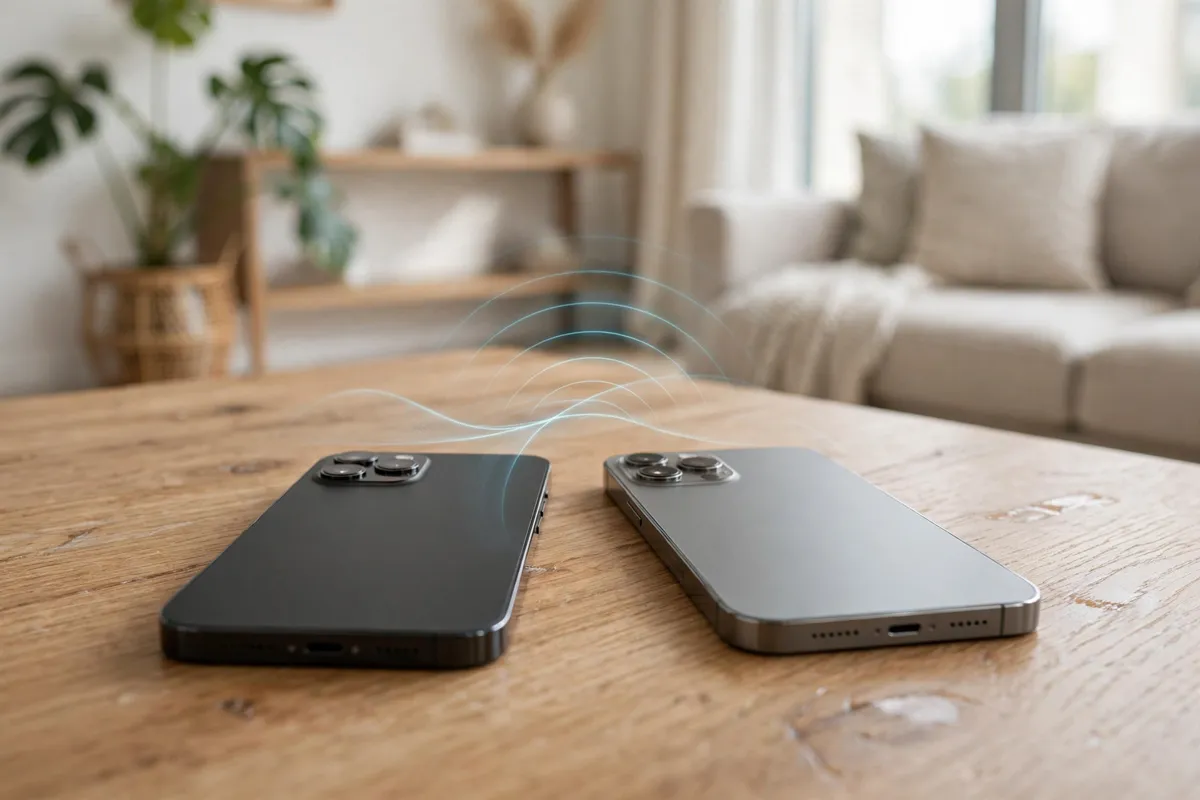 Two smartphones on a wooden table with subtle wireless signal arcs between them