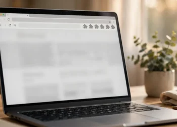 Laptop on a tidy desk showing a web browser with puzzle-piece extension icons in the toolbar