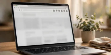 Laptop on a tidy desk showing a web browser with puzzle-piece extension icons in the toolbar