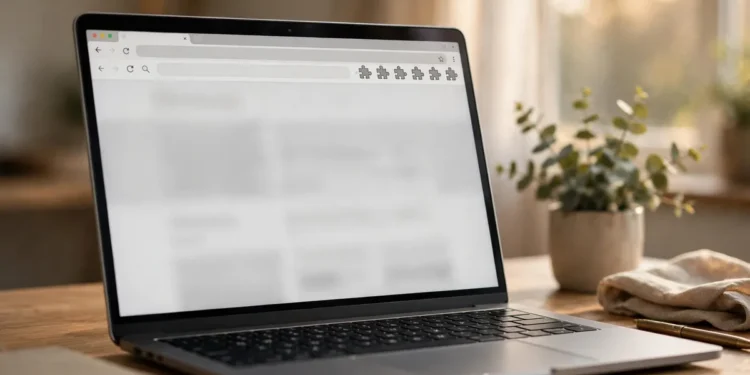 Laptop on a tidy desk showing a web browser with puzzle-piece extension icons in the toolbar