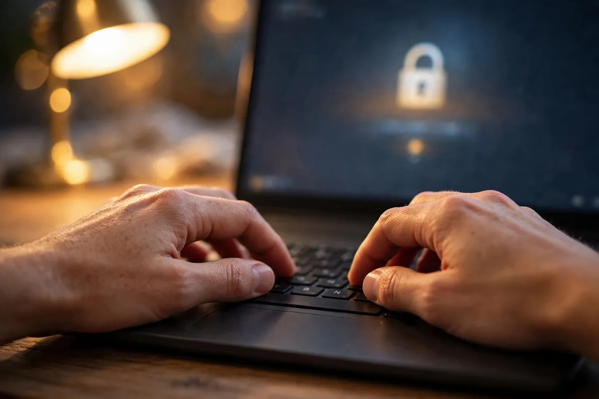 Hands typing on a laptop keyboard with a softly blurred login screen and padlock symbol behind