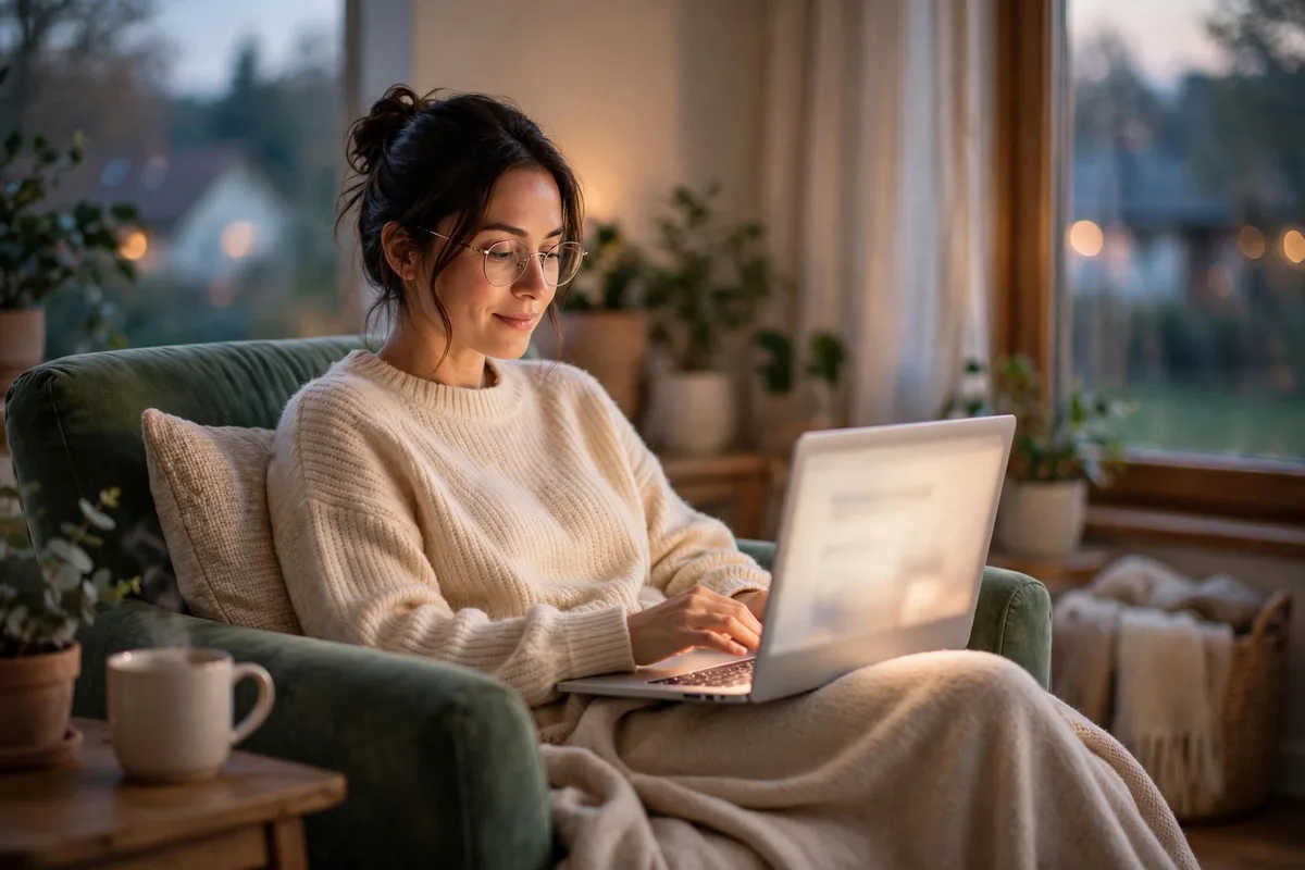 Person reading an article on a laptop in a comfortable armchair by a window