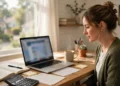 A woman at a bright home-office desk planning her monthly budget on a laptop, notebook and calculator beside her