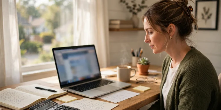A woman at a bright home-office desk planning her monthly budget on a laptop, notebook and calculator beside her