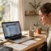 A woman at a bright home-office desk planning her monthly budget on a laptop, notebook and calculator beside her