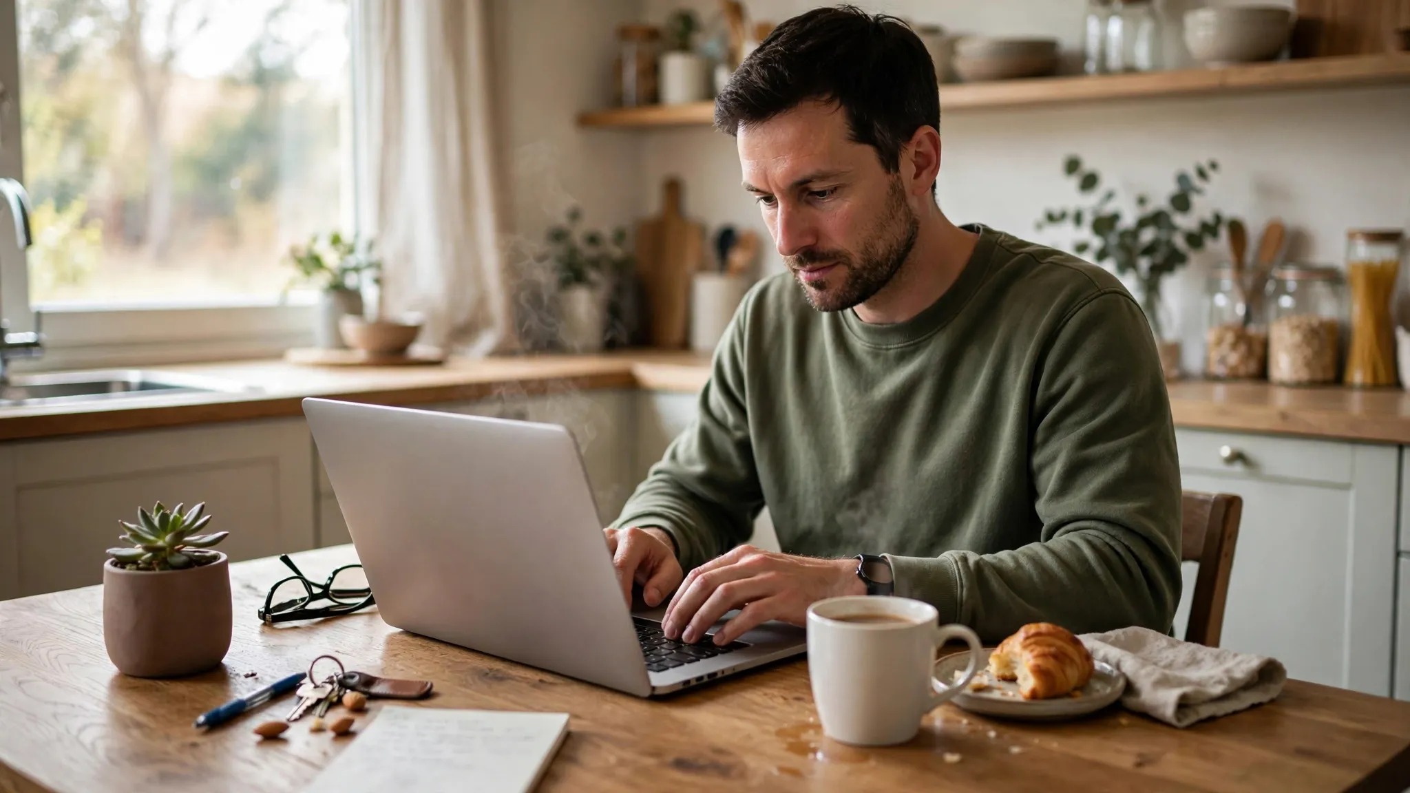 A man at a kitchen table starting his first budget on a laptop with a cup of coffee nearby
