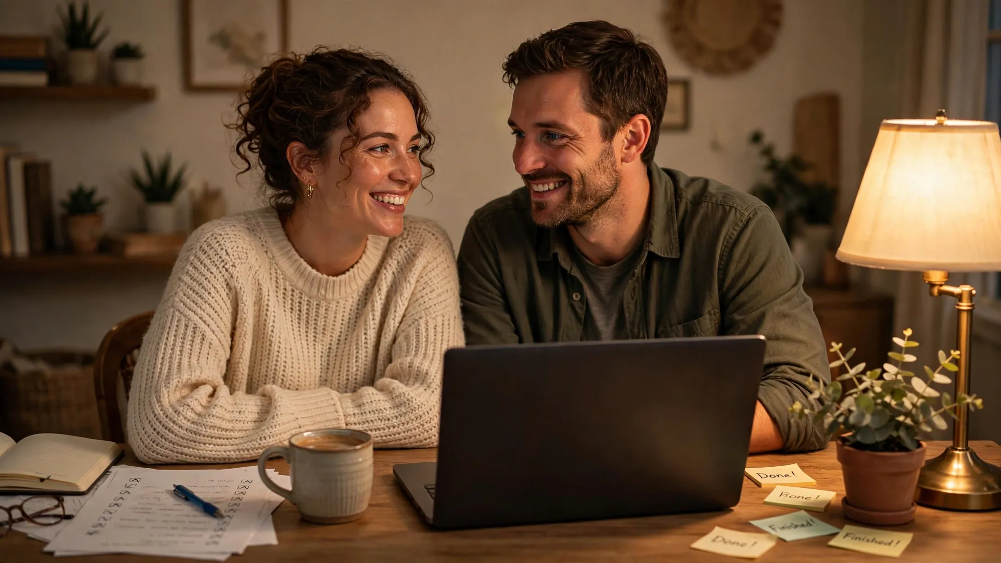 A happy couple at a home desk smiling after sorting their monthly finances
