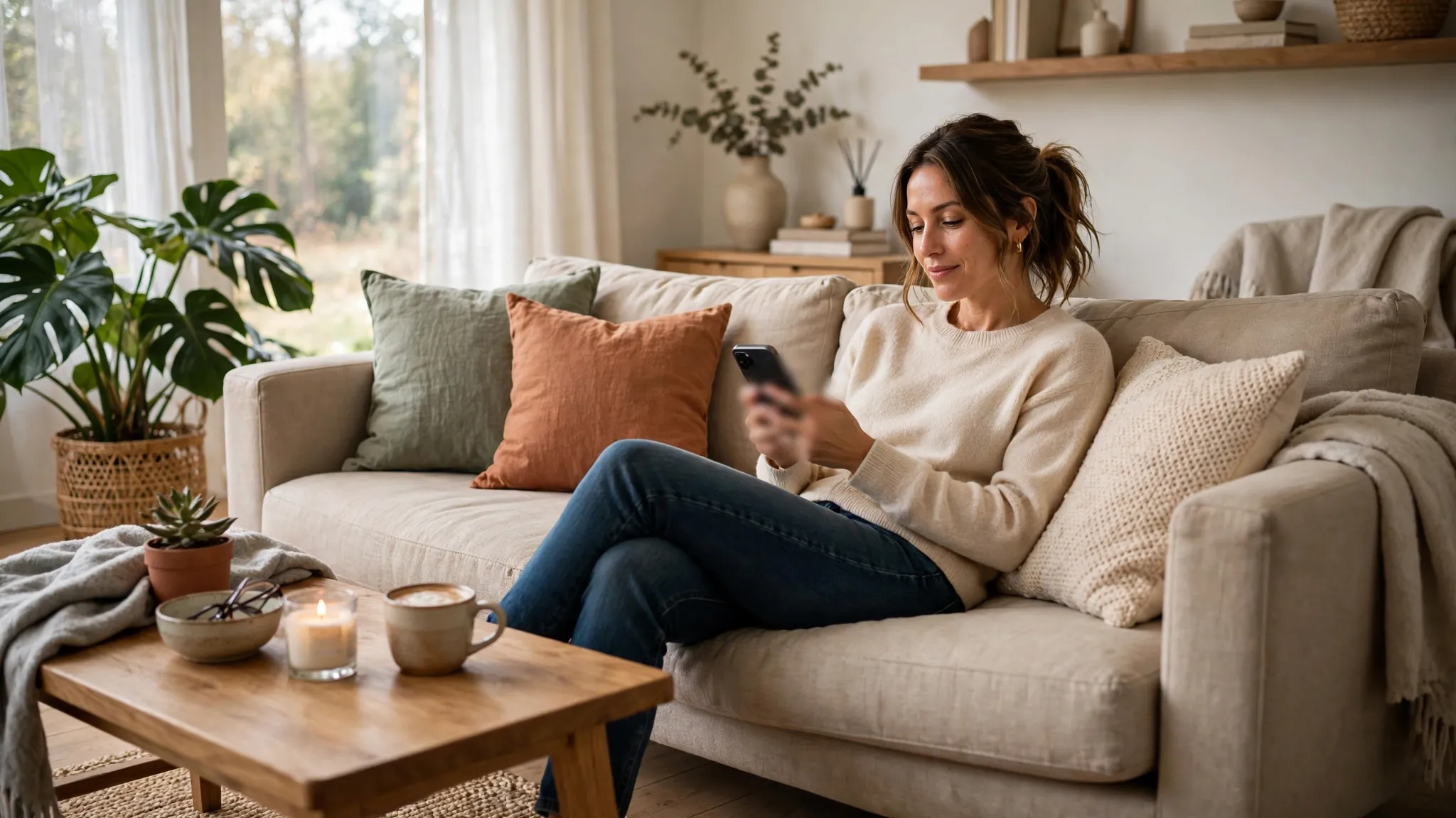 A young woman on a sofa checking her weekly spending on her smartphone in a cozy living room