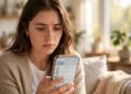 A cautious young woman in a bright living room checking app reviews on her smartphone before installing