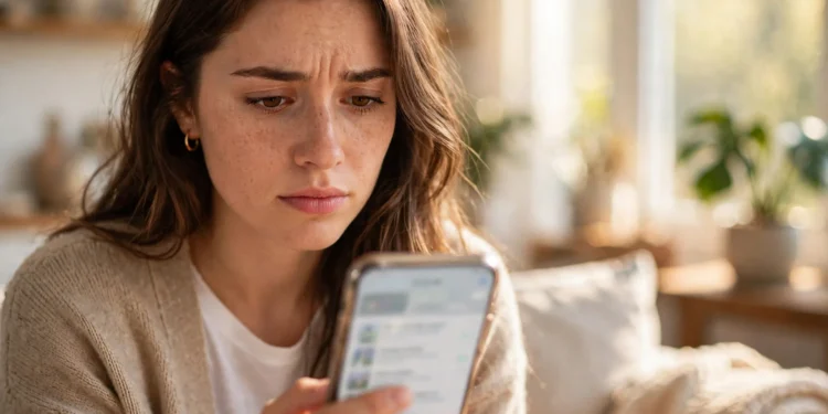 A cautious young woman in a bright living room checking app reviews on her smartphone before installing