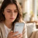 A cautious young woman in a bright living room checking app reviews on her smartphone before installing