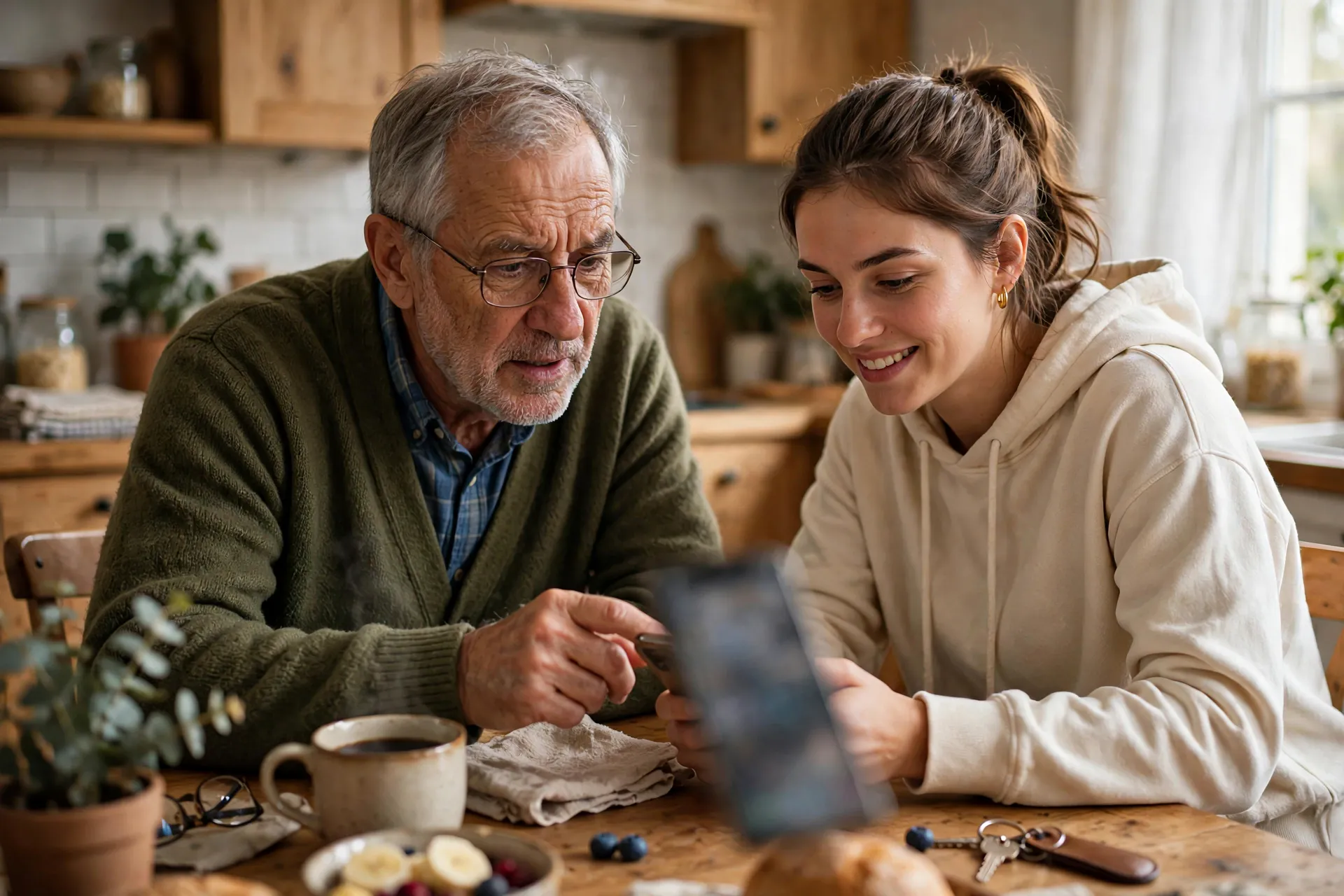 An older man at a kitchen table asking a younger relative for advice about a phone app