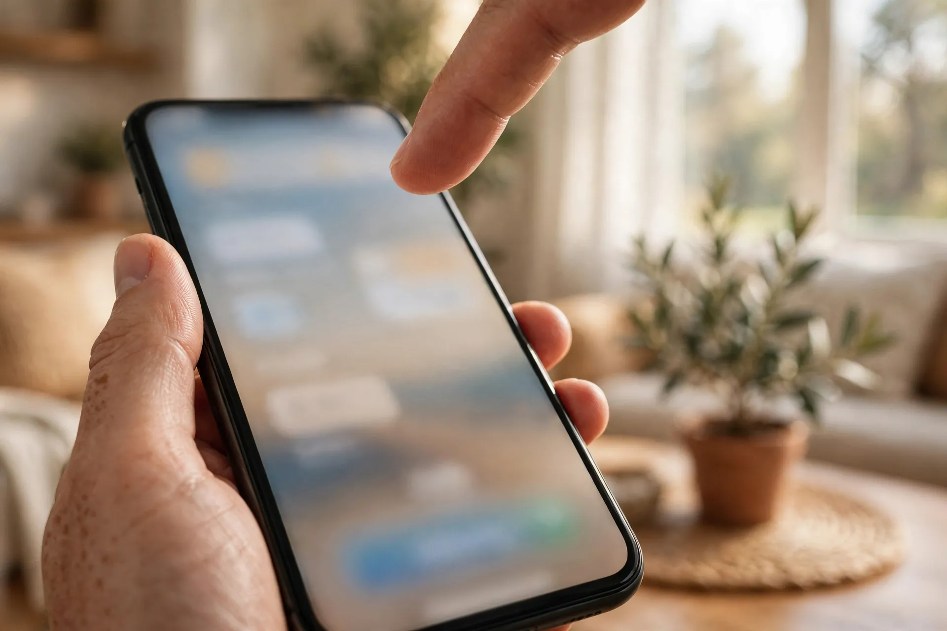 Close-up of a hand holding a smartphone with a finger hesitating over an install button