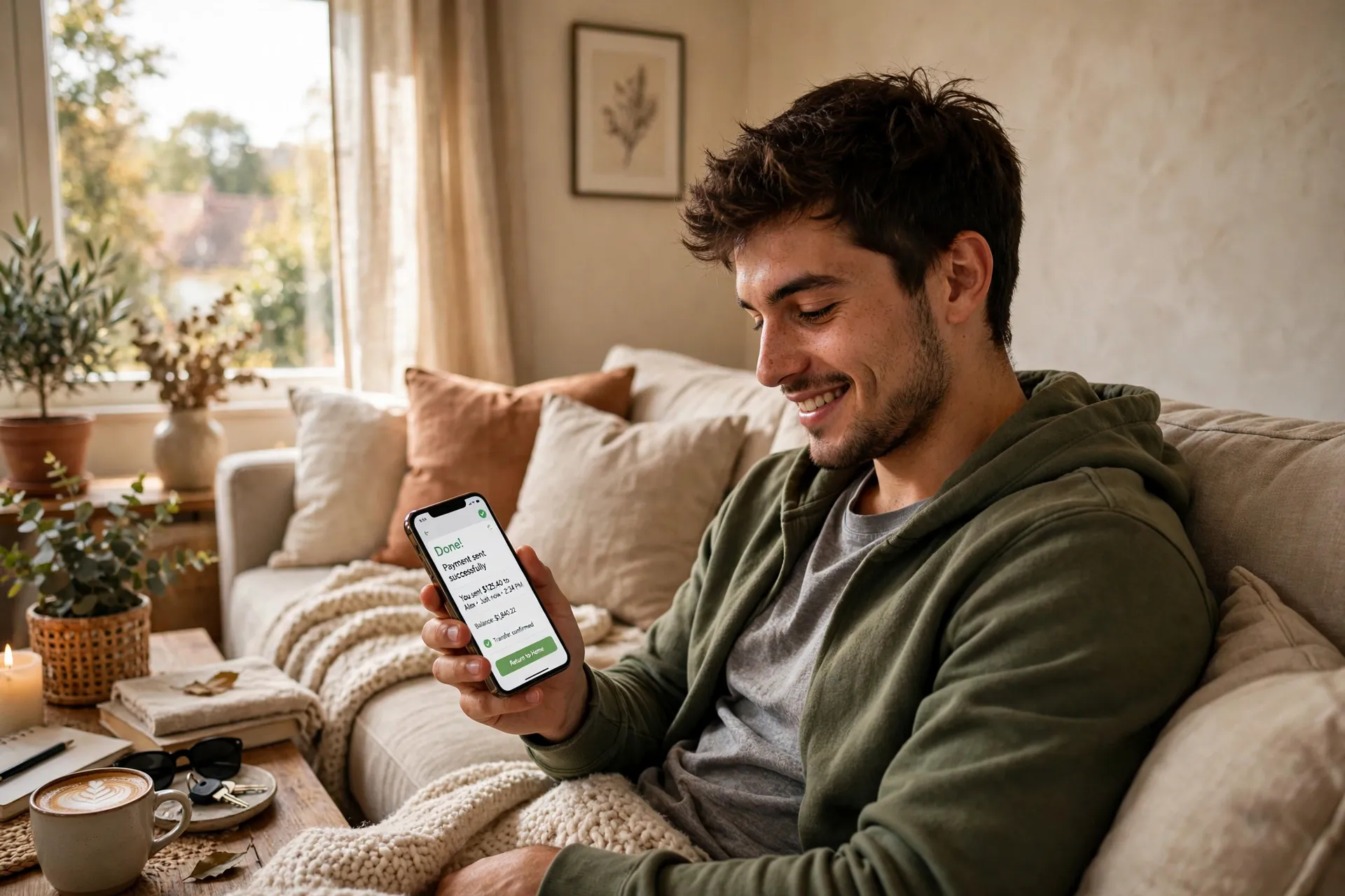 A relieved young man relaxing on a sofa, using his phone confidently after checking an app