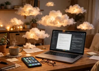 Smartphone and laptop on a home desk with soft glowing cloud shapes floating above them