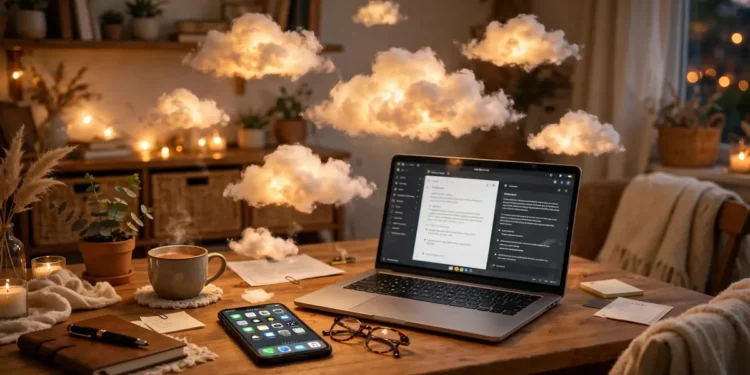 Smartphone and laptop on a home desk with soft glowing cloud shapes floating above them