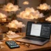 Smartphone and laptop on a home desk with soft glowing cloud shapes floating above them