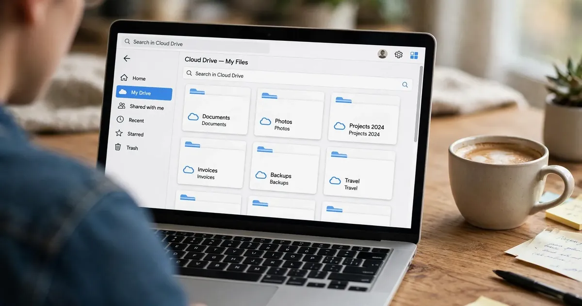 Laptop screen showing organized cloud storage folders on a wooden desk
