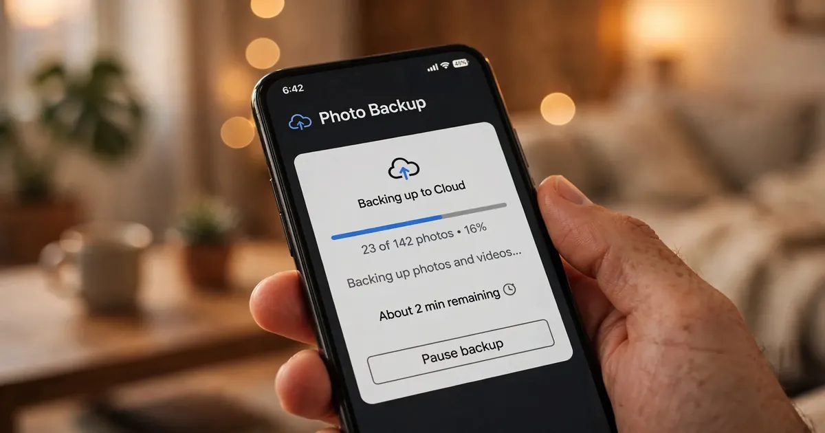 Hand holding a smartphone showing photos backing up to the cloud