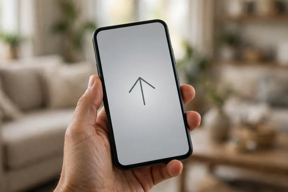 A hand holding a smartphone showing a generic file-upload screen with an upward arrow