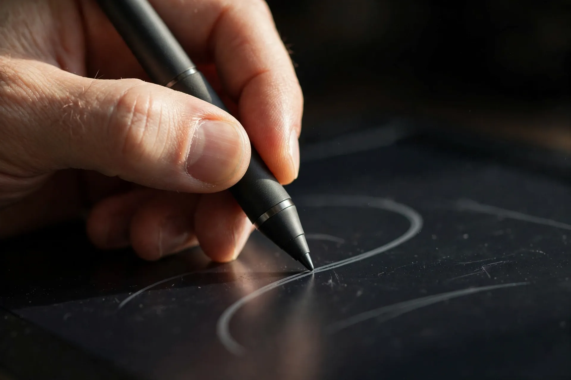 Close-up of a hand holding a stylus sketching curved lines on a digital drawing tablet