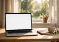 A bright tidy desk with a laptop showing a blank document editor, a coffee cup and notebook beside it