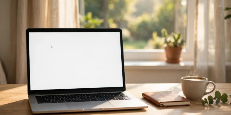 A bright tidy desk with a laptop showing a blank document editor, a coffee cup and notebook beside it