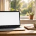 A bright tidy desk with a laptop showing a blank document editor, a coffee cup and notebook beside it
