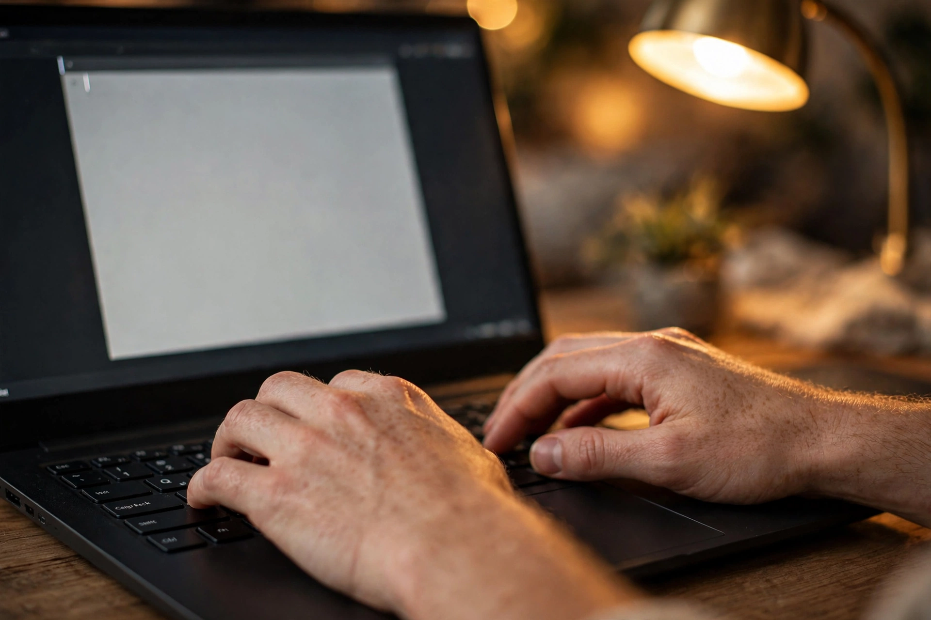 Close-up of hands typing on a laptop keyboard while a new document title is being typed on screen
