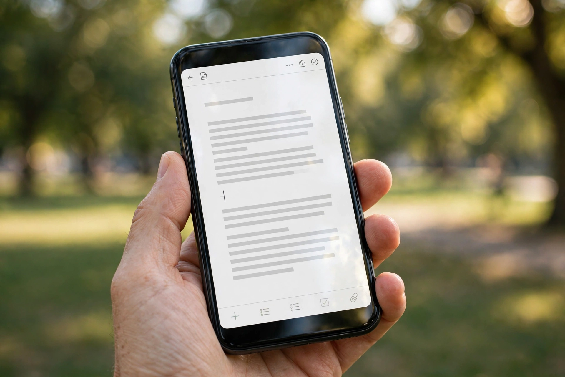 A hand holding a smartphone with a document open, editing on the move in a park