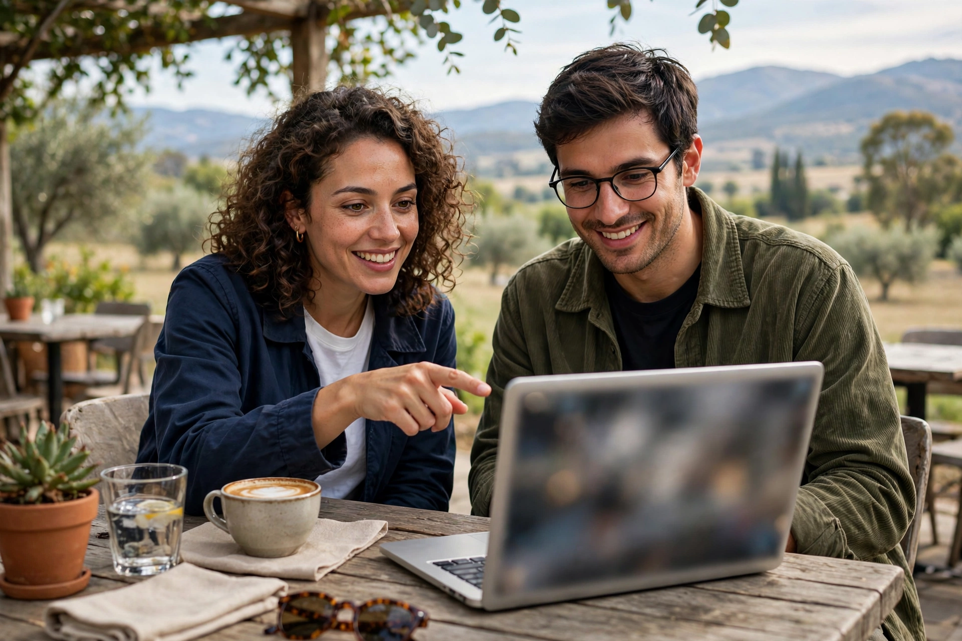 Two friends at a cafe table looking at a laptop screen together, one pointing at the screen
