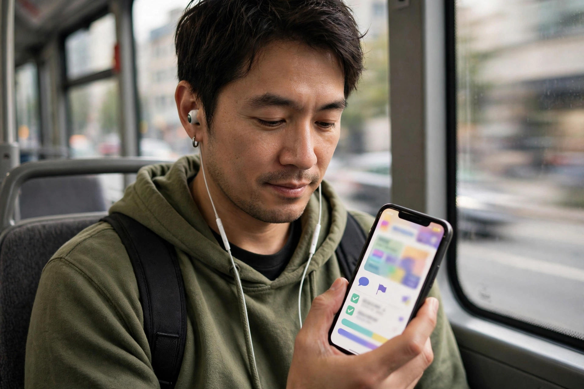 A man with earbuds practicing a language on his phone while riding a city bus