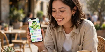 A cheerful young woman on a sunny cafe terrace holding a smartphone showing a colorful language-learning app