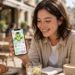 A cheerful young woman on a sunny cafe terrace holding a smartphone showing a colorful language-learning app