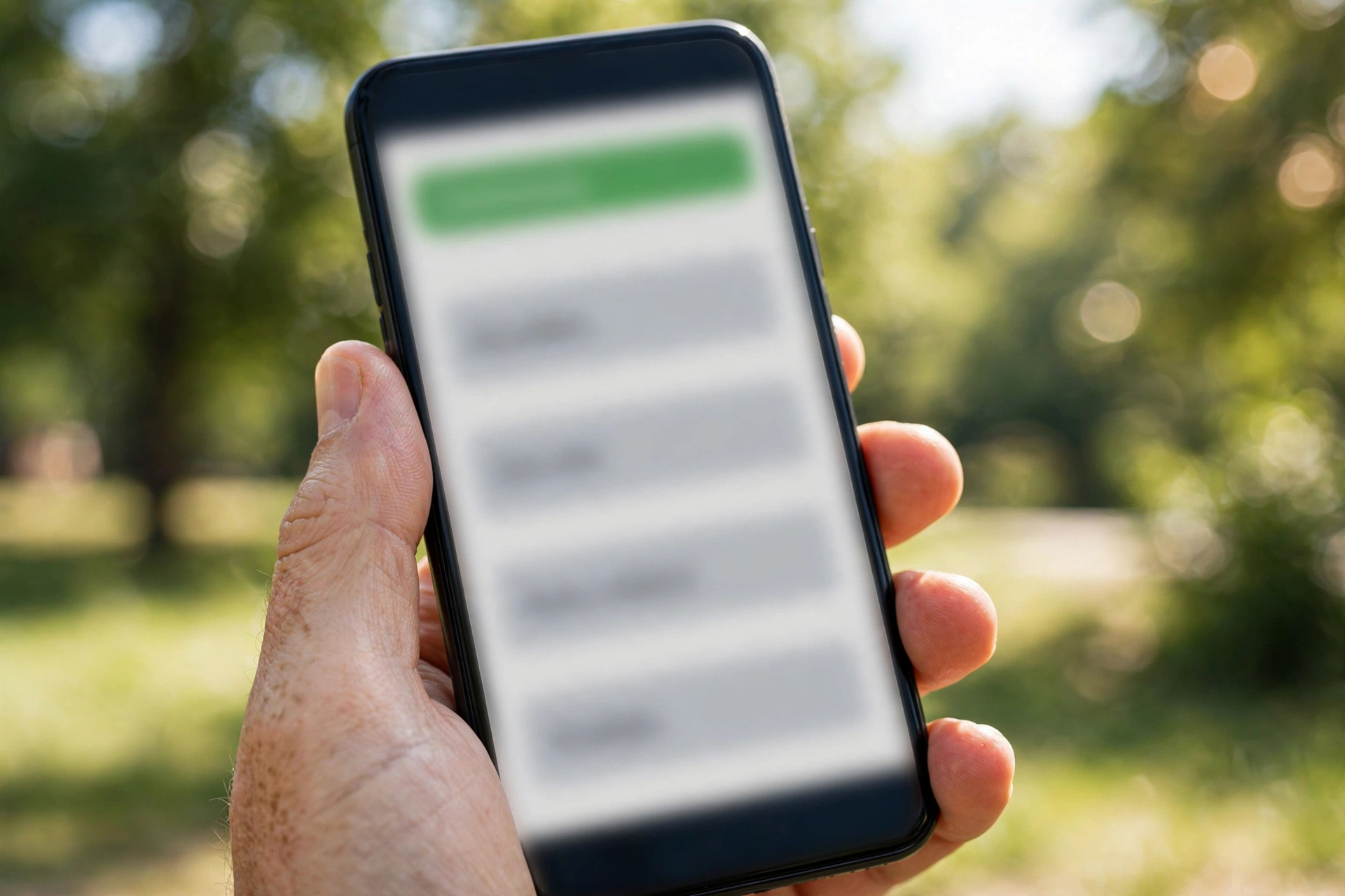 Close-up of a hand holding a smartphone mid-language-lesson with a green progress bar