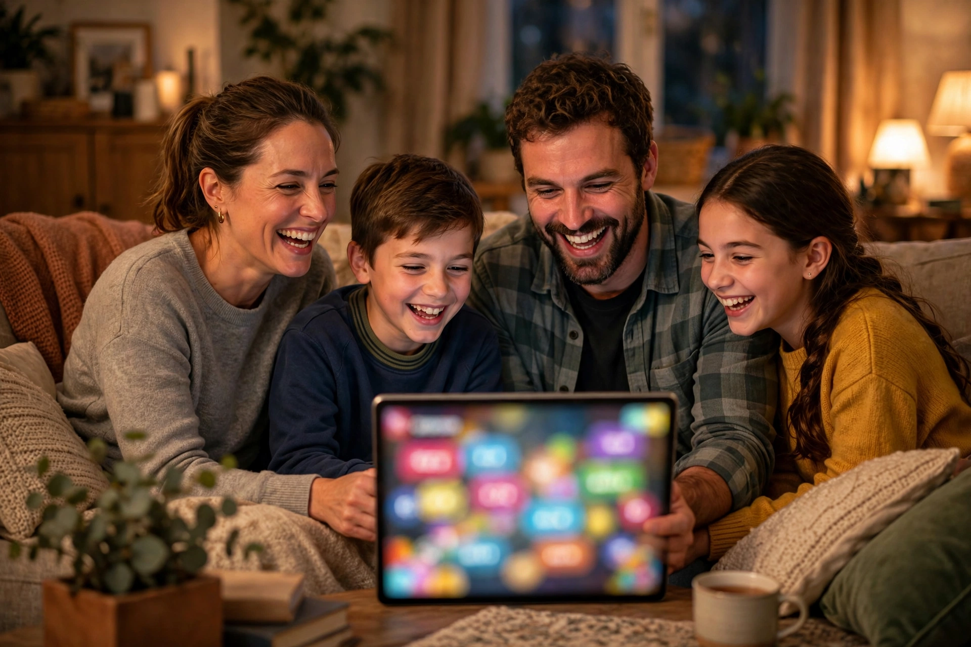 A family on a living-room sofa laughing together around a tablet showing a colorful quiz game