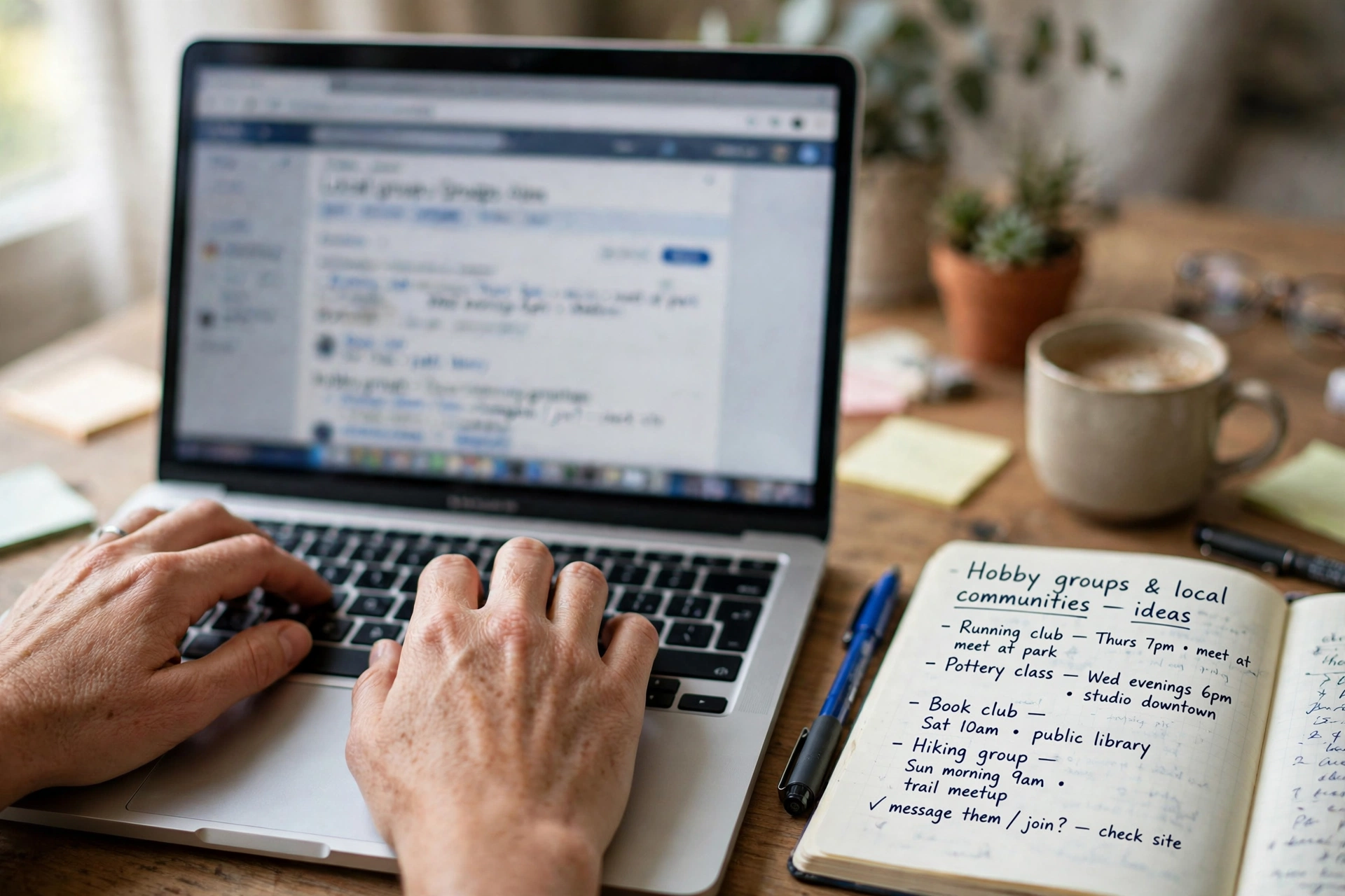 Hands typing on a laptop while searching for hobby groups and local communities online