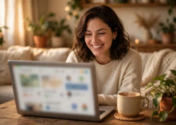 Person smiling while browsing friendly community groups on a laptop at home