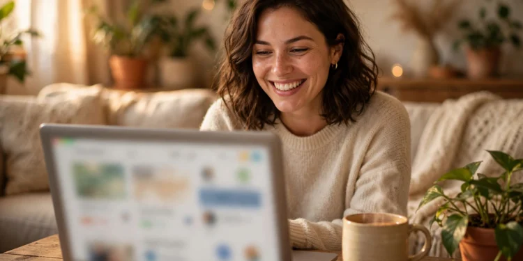 Person smiling while browsing friendly community groups on a laptop at home